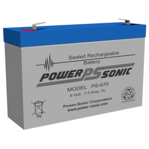 6 Volt 7 AH Powersonic PS670, F1 Terminals, Rechargeable Sealed Lead Acid Battery
